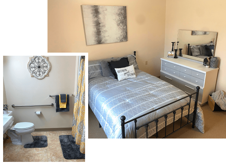 A bedroom with a metal bed frame, gray and black bedding, and a white dresser with a mirror. The dresser holds decorative items and a lamp. A painting hangs above the bed. An inset image shows a bathroom with a toilet, a towel on a bar, a decorative wall piece, and a shower curtain with a yellow and gray pattern.