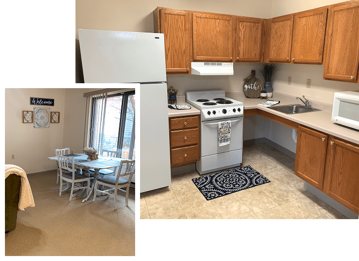 Kitchen with wooden cabinets, white appliances including a refrigerator, stove, and microwave, and a small blue and white patterned rug on the beige tile floor. Small inset image shows a dining area with a white table, matching chairs, a sliding glass door, and wall decorations.