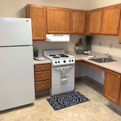 A small kitchen with wooden cabinets, a white refrigerator on the left, a white stove with an oven in the center, and a sink on the right. There is a blue and white patterned rug on the floor in front of the stove. The countertop has a potted plant, a decorative 
