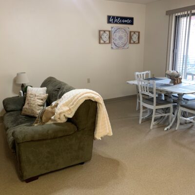 Living room with a dark green sofa adorned with pillows and a cream-colored blanket, adjacent to a white dining table with chairs, and a window with vertical blinds letting in natural light. Wall decor includes a 